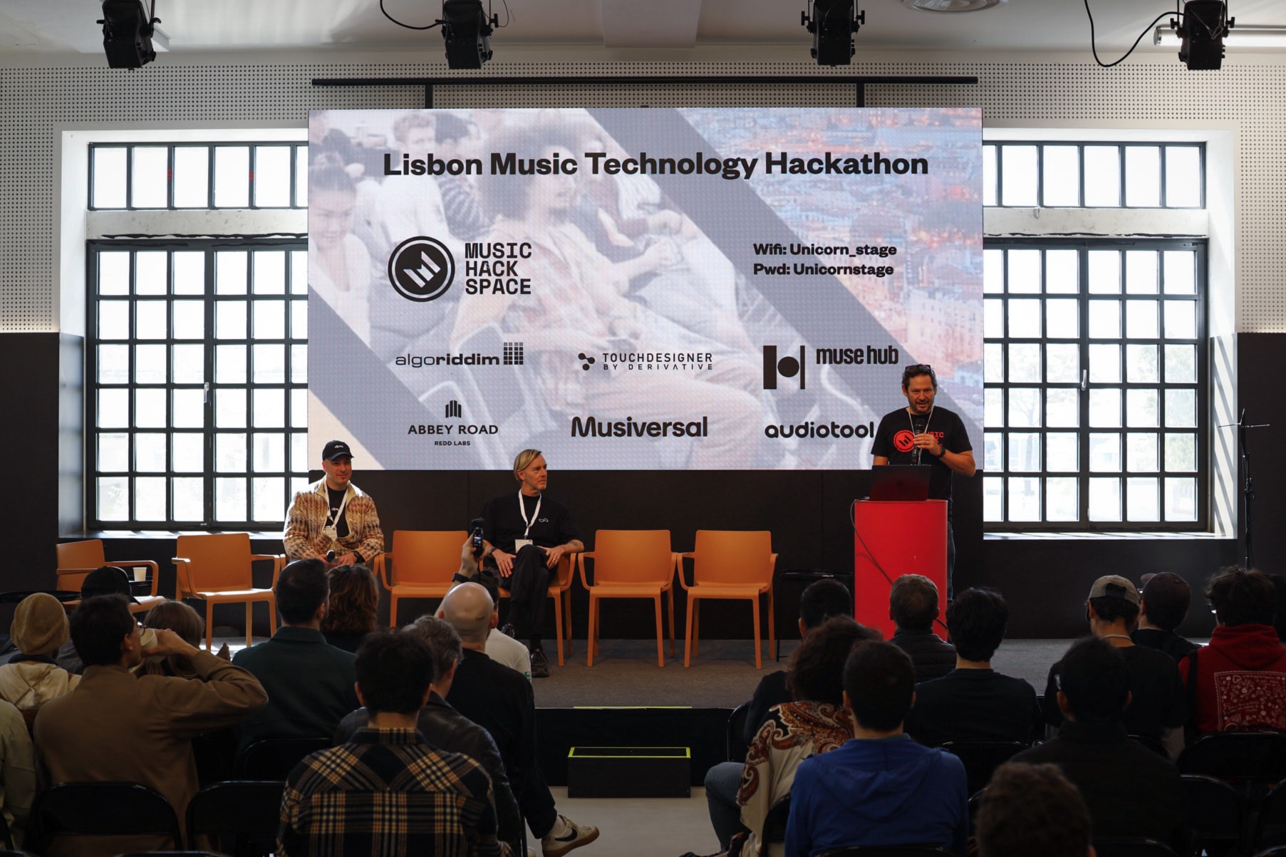 Lisbon Music Technology Hackathon — sponsor presentations on stage