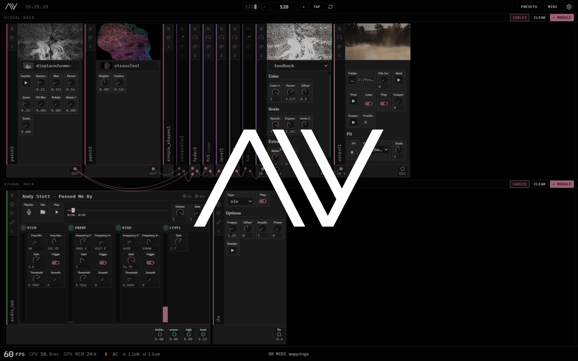 The AVY interface, showing the Visual Rack of patches and effects above the Signal Rack of audio and LFO modules