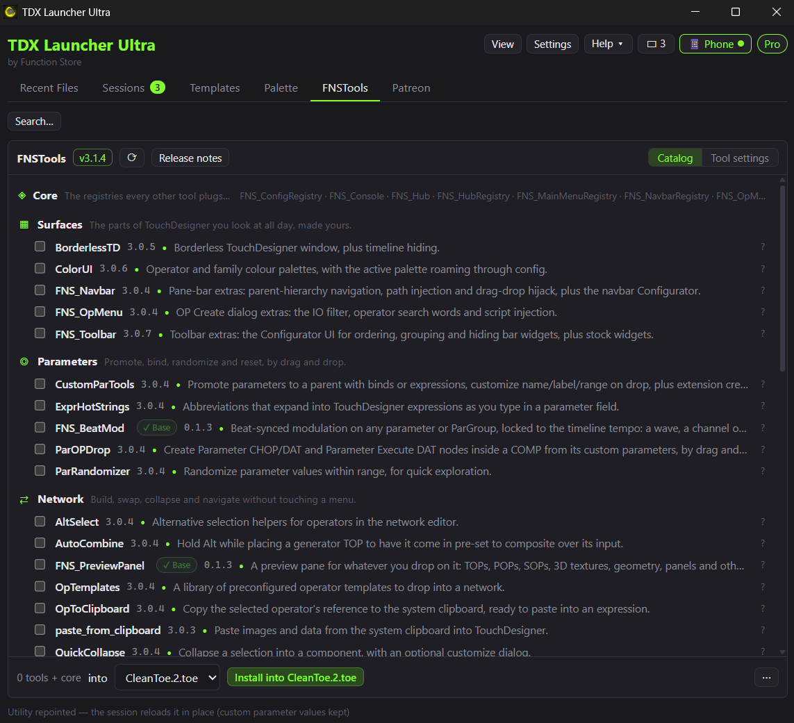 The FNSTools catalog in TDX Launcher Ultra, listing Core, Surfaces, Parameters and Network tools