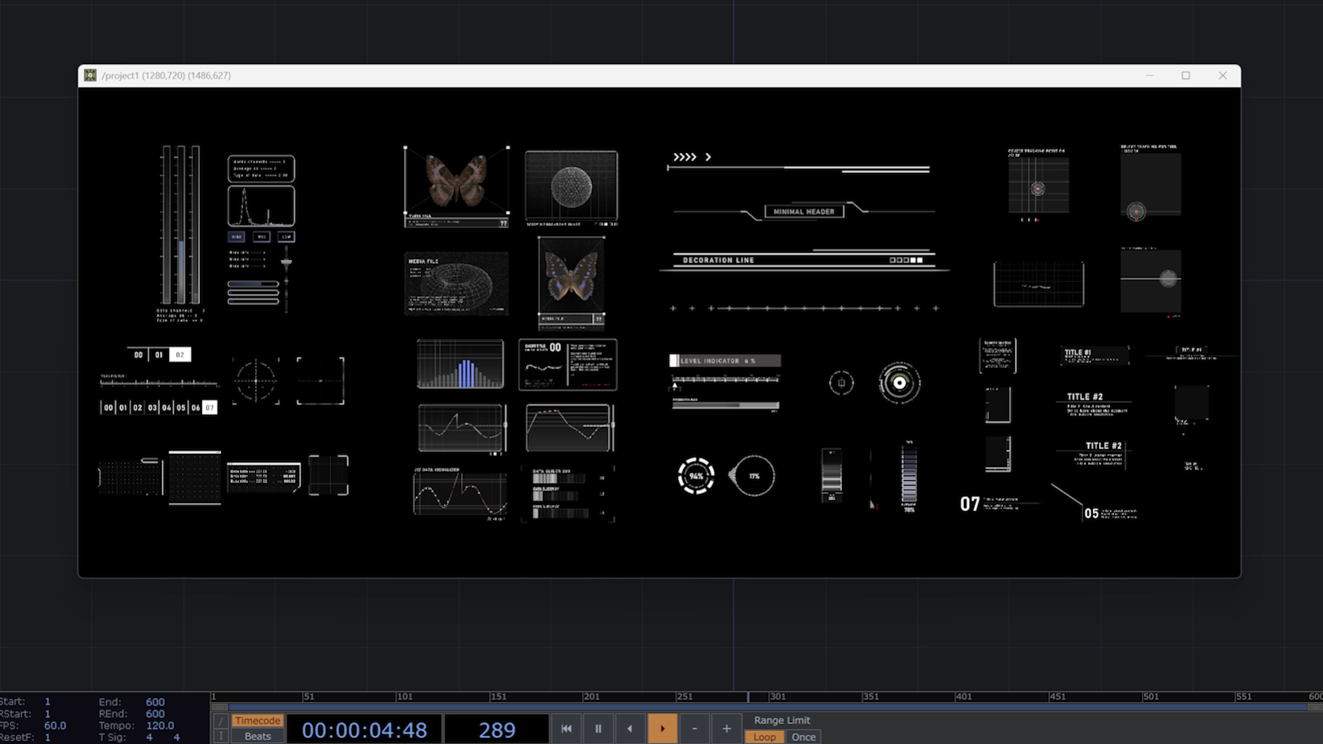 A catalogue of UI Engine elements in TouchDesigner: graphs, level indicators, headers and title blocks